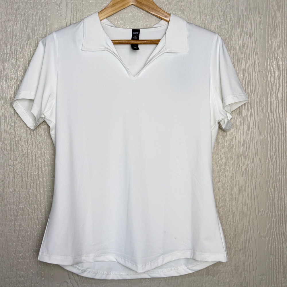 MIER Womens White Performance V-Neck Polo Shirt Short Sleeve Golf Tennis Large